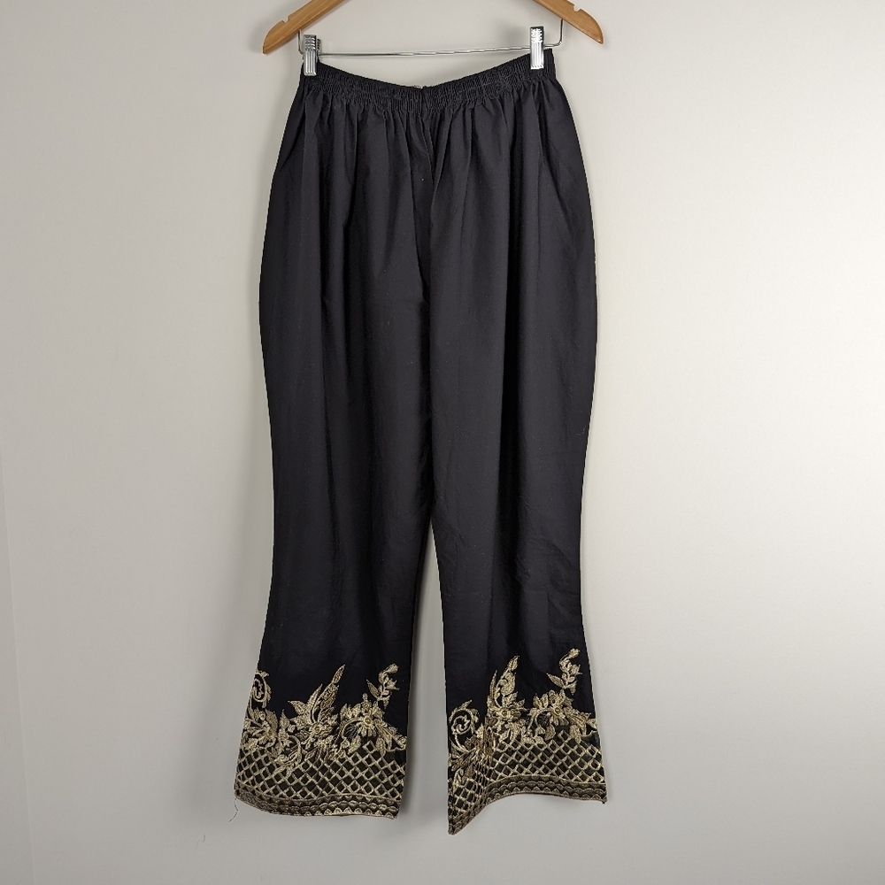 Elegant Black Wide-Leg Pants with Gold Embroidery Detail Versatile Occasion Wear